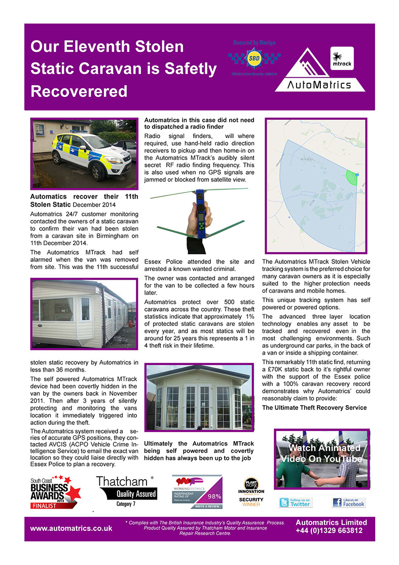 Caravan Security Automatrics MTrack Recovers 11 Static Caravans Newsletter