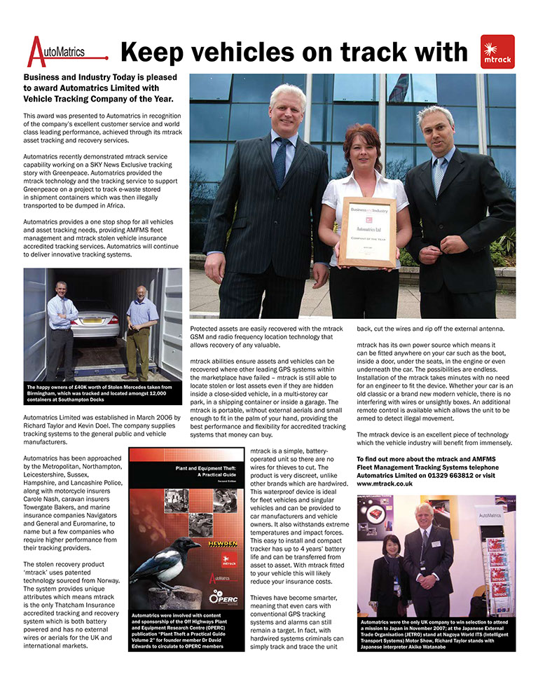 Motorcycle Security Company Automatrics win Business and Industry Tracking Company of the Year