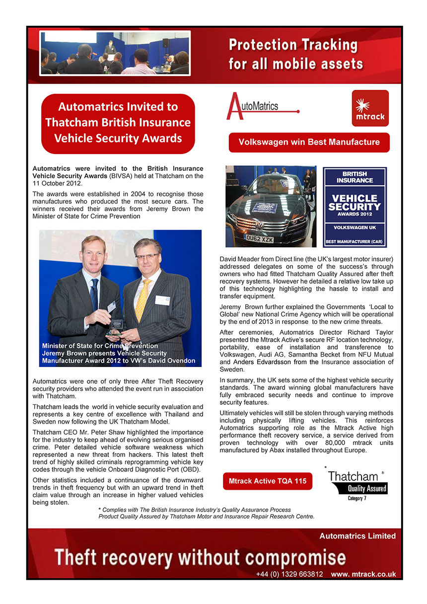 Automatrics MTrack Car Trackers British Insurance Awards