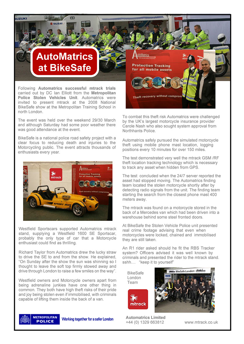Motorcycle Security Tracker presented at BikSafe show from Automatrics MTrack