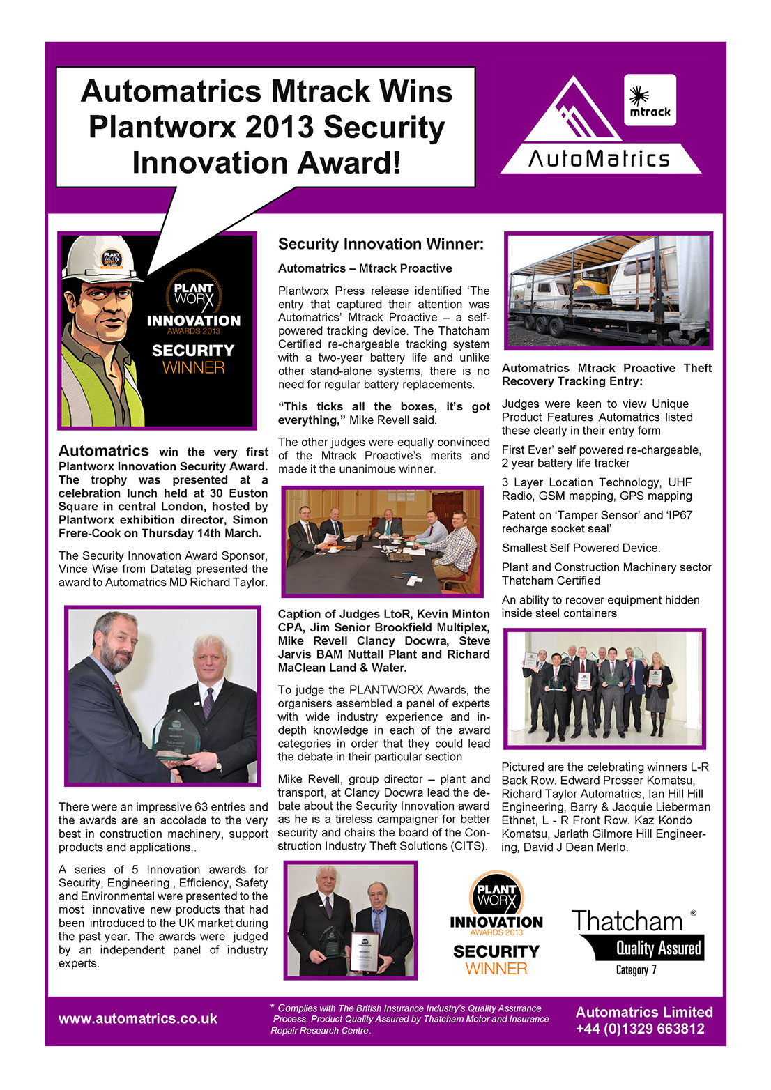 Automatrics MTrack Proactive Wins Plantworx Security Innovation Award 2013 Newsletter