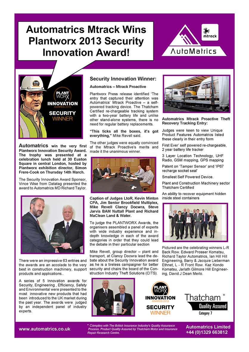 Automatrics MTrack Proactive Wins Plantworx Security Innovation Award 2013 Newsletter