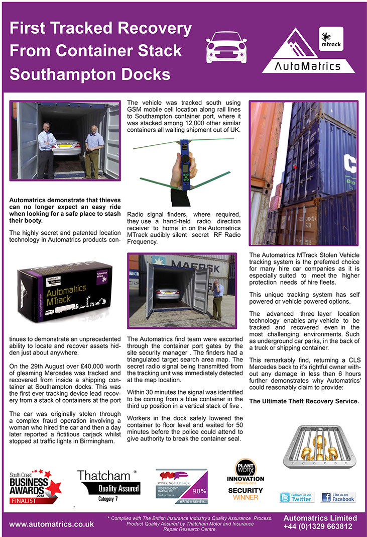 Car Tracker system from Automatrics locates car inside shipping container at Southampton Docks