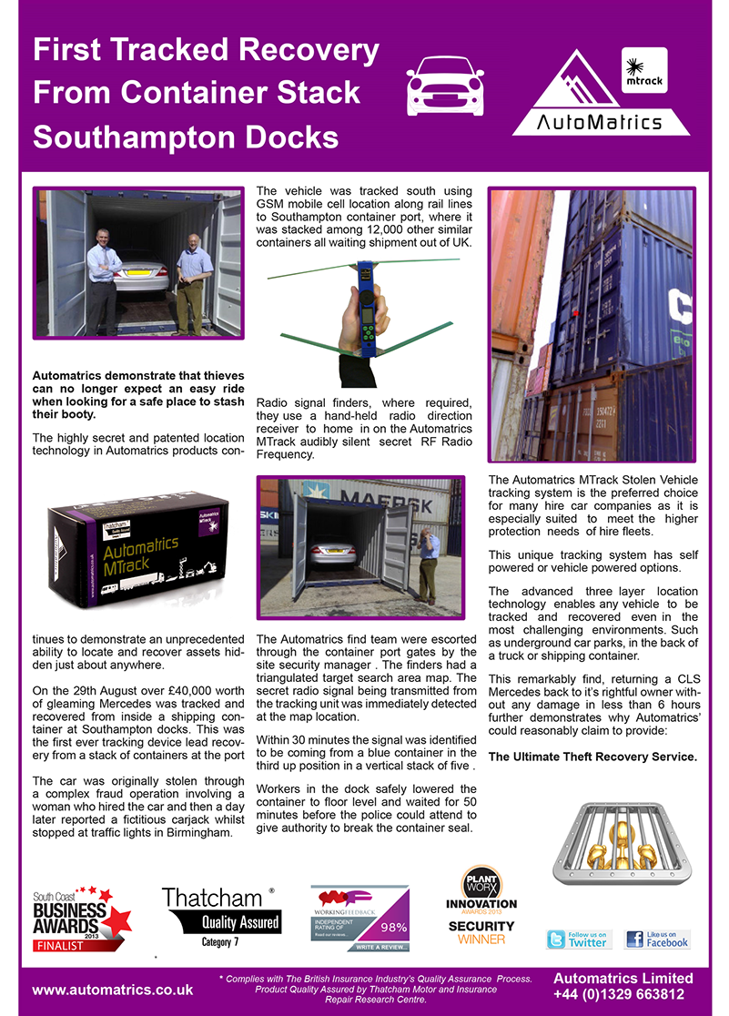 Motorcycle Tracker can track vehicles inside shipping containers from Automatrics MTrack