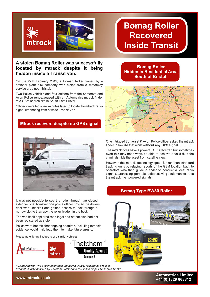Stolen Bomag Roller hidden in back of Transit van is saftely recovered by Automatrics MTrack
