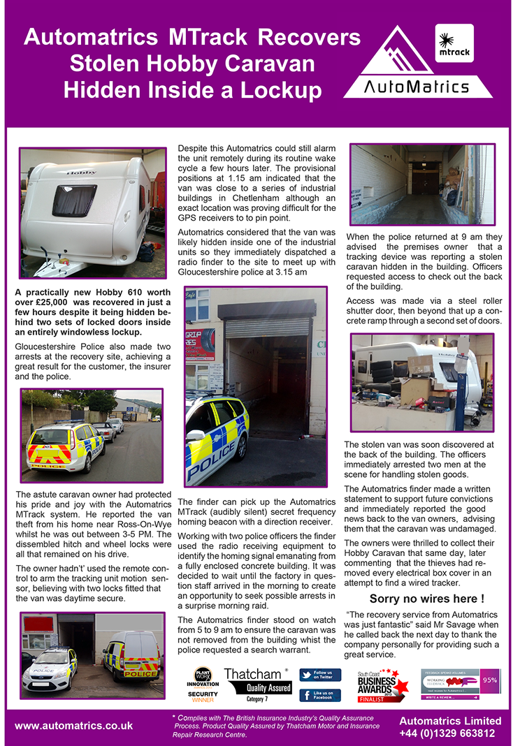 Caravan Security Theft Recovery Story From Automatrics MTrack Stolen Hobby Caravan hidden inside lockup 