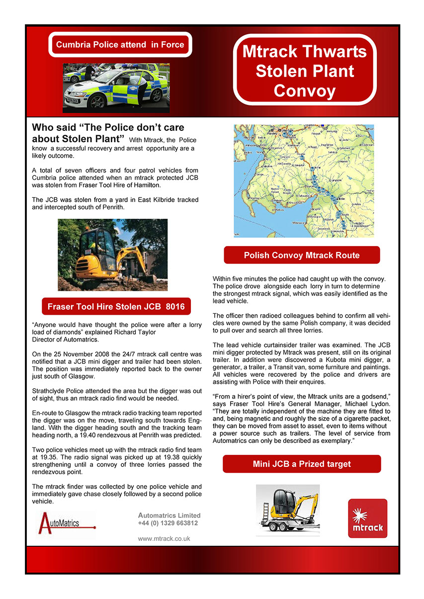 Plant Security Recovery of JCB 8016 by Automatrics MTrack Tracking System 