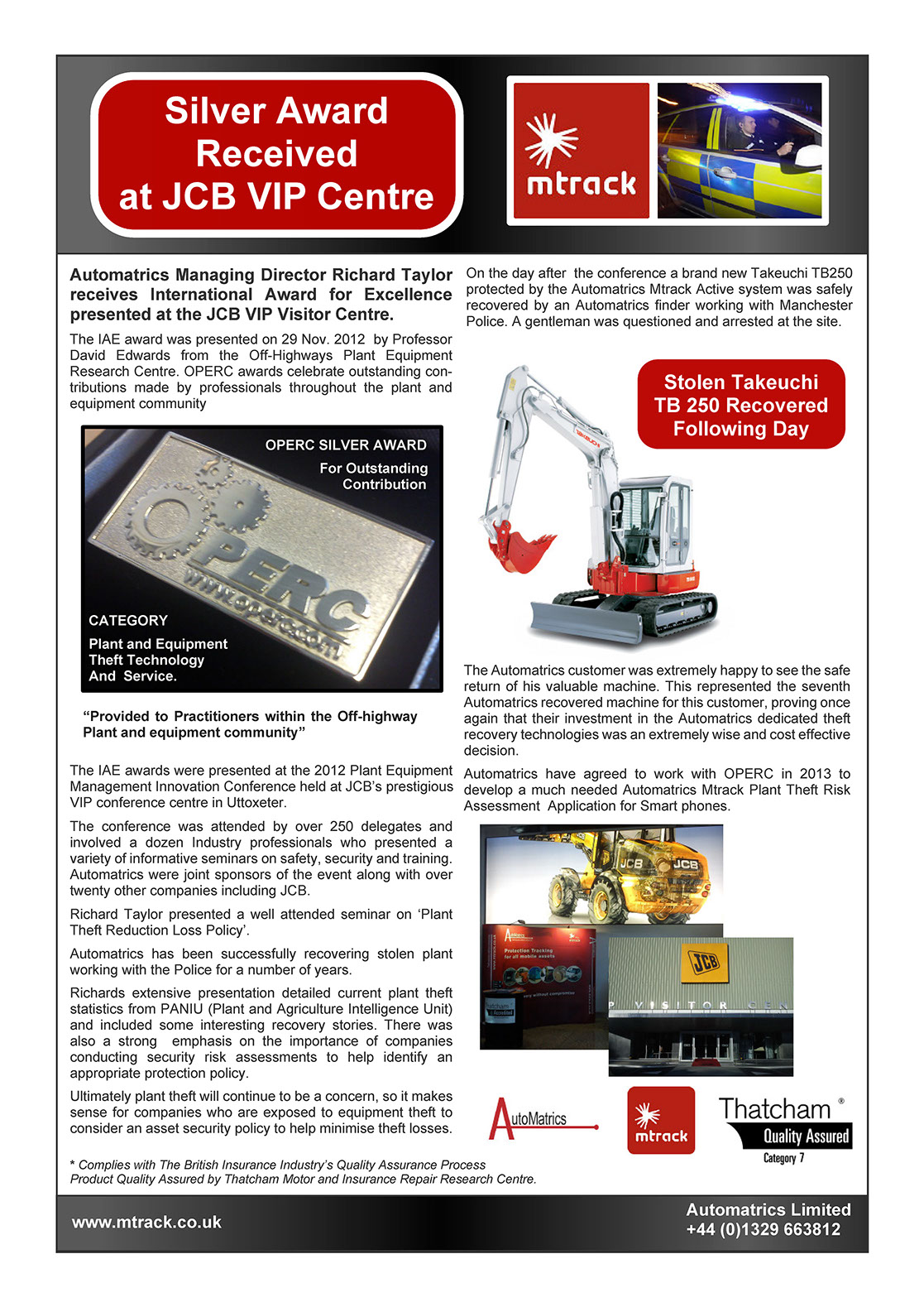 OPERC International Award for Excellence Presented to Automatrics Richard Taylor 2012 PEMIC Conference Newsletter