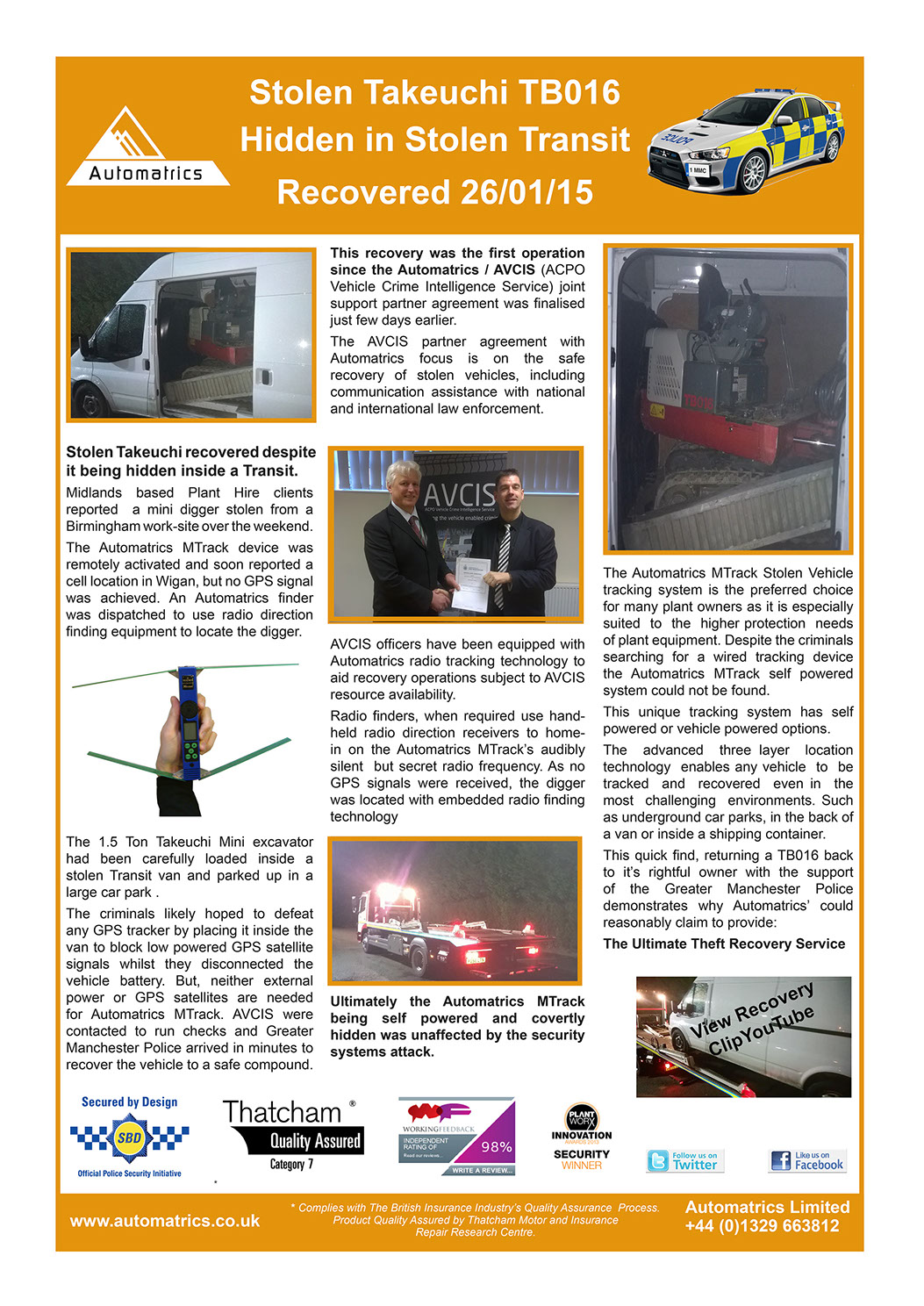 Stolen Takeuchi Mini Digger is Recovered hidden inside a transit van by Automatrics MTrack Newsletter