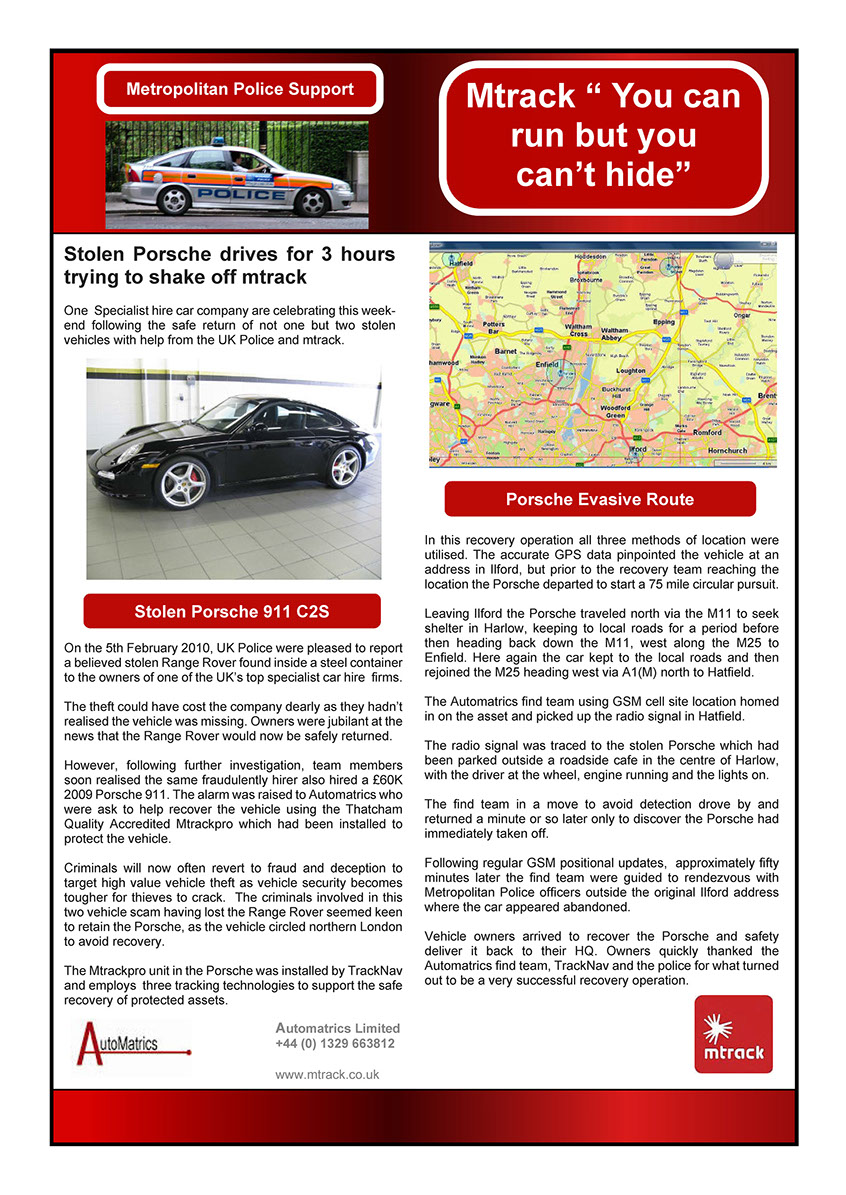 Car Tracker Porsche Recovery Story From Automatrics MTrack