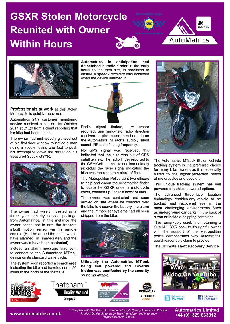 Motorcycle Security Tracker recovers stolen GSXR from Automatrics MTrack