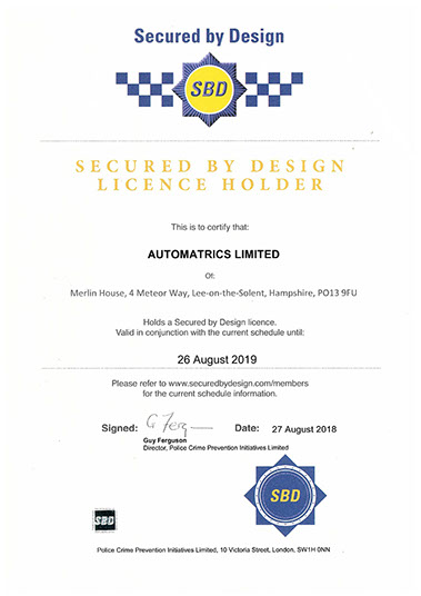 Automatrics Police CPI Secured By Design Certificate 2018-19